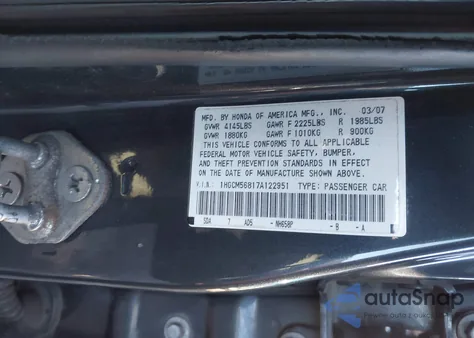 2007 Honda Accord 2.4 Ex from USA, damaged, VIN 1HGCM56817A122951